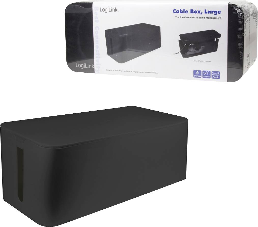 Een zwarte kabelbox, groot, voor kabelopberging. Verpakking toont het product en tekst 'Cable Box, Large' evenals logo's.