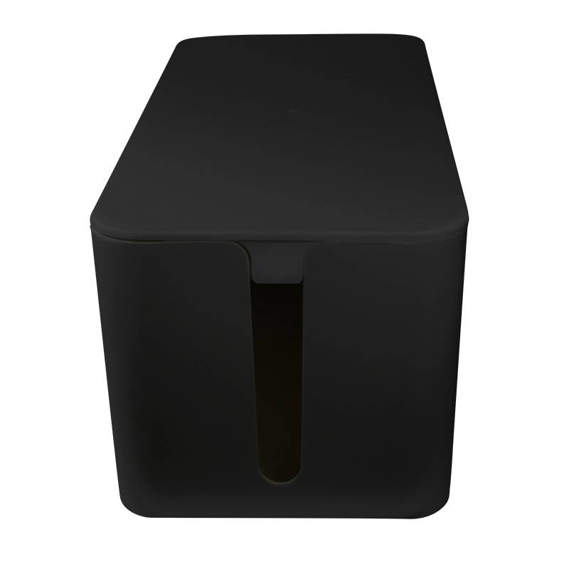 Zwarte, rechthoekige kabelorganizer met een sleuf aan de voorkant voor het geleiden en organiseren van kabels.