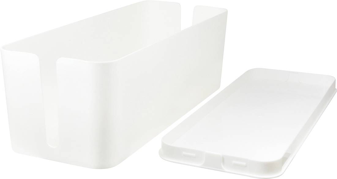 Witte kunststof kabelorganizer, bestaande uit een open doos en een bijpassende deksel. Ideaal voor het netjes opbergen van kabels.