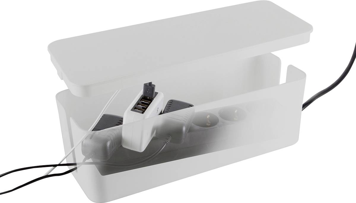 Een witte kabelbox met afgenomen deksel, met daarin meerdere stopcontacten en kabels om kabels te organiseren en onopvallend te verbergen.