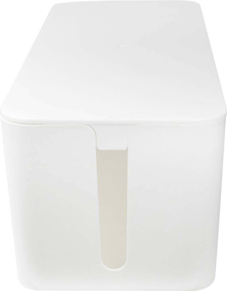 Witte kabelopbergdoos met zijdelingse sleuf voor kabelbeheer.