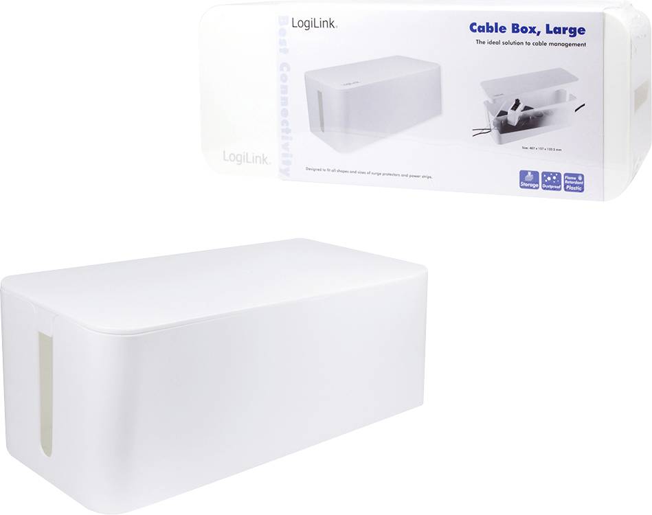 Witte kabelbox voor kabelorganisatie, afgebeeld in een verpakking met opdruk 'Cable Box, Large'. Ideaal voor het netjes ordenen van kabels.