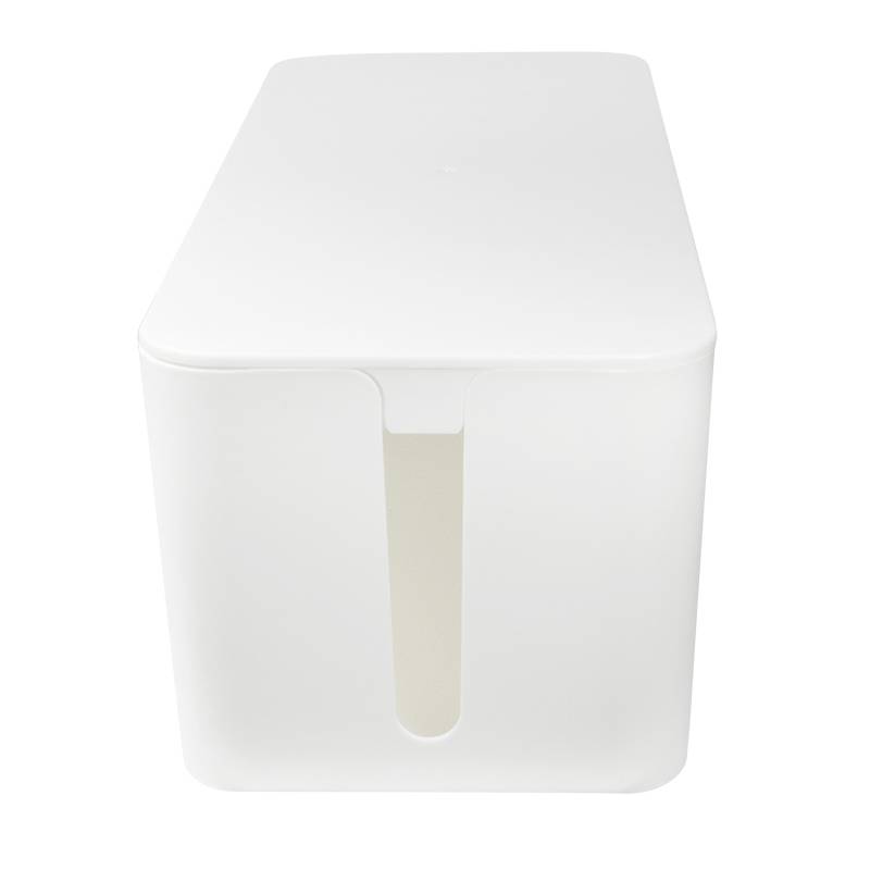 Witte rechthoekige doos met deksel en sleuf aan de voorkant, geschikt voor het verbergen van kabels of voor opslag.