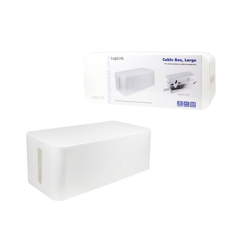 Kabelbox van LogiLink, groot, voor nette opberging van kabels, in het wit. Verpakking toont productafbeelding en details.