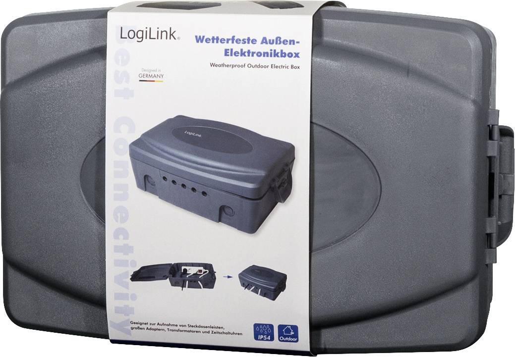 Grijze, weerbestendige elektronicadoos van LogiLink met sticker 'Weerbestendige buitenelektronische behuizing', geschikt voor gebruik in de buitenlucht.