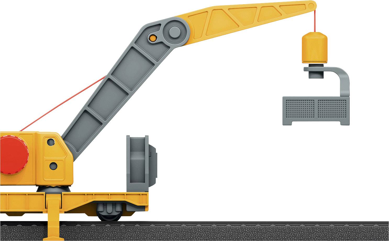 Een gele kraan tilt een grijze metalen doos boven een spoor op. De kraanarm is naar rechts uitgeschoven.