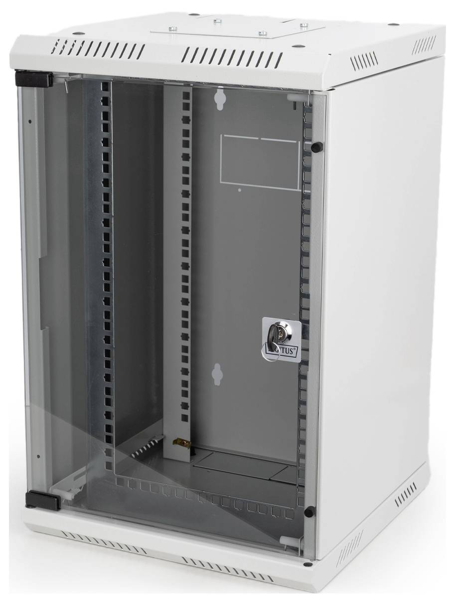 Een lege, witte IT-netwerkkast met glazen deur en metalen slot, geschikt voor het opbergen van netwerkapparatuur of servers.