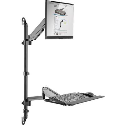 Een aan de muur bevestigde, verstelbare computerworkplace met monitor, toetsenbord en muis, ideaal voor ruimtebesparende oplossingen.