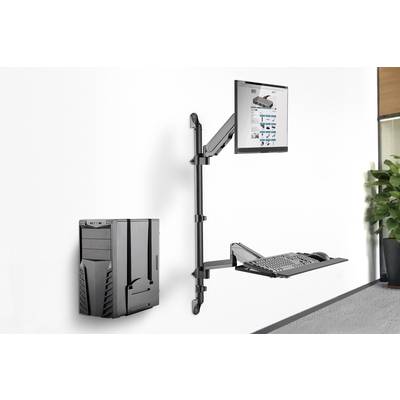 Computerworkstation aan de muur met beeldscherm, toetsenbordhouder en towerkast-steun. Ruimtebesparend ontwerp met moderne uitstraling.
