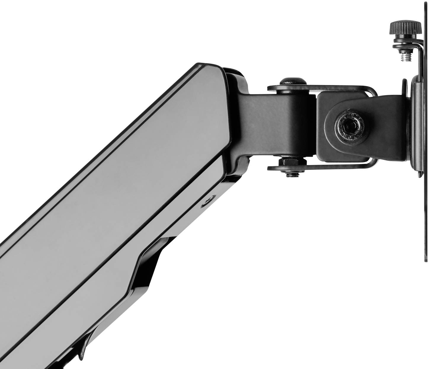 Een zwarte metalen monitorarm is zijdelings aan een bureau bevestigd, waardoor het mogelijk is een monitor flexibel te positioneren.