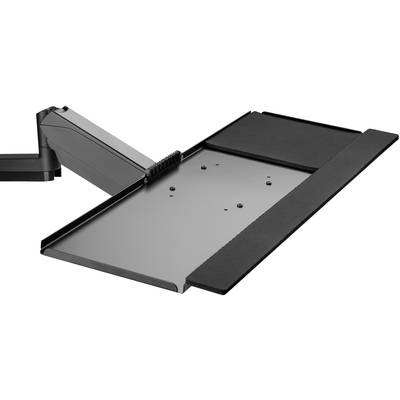 Zwart, verstelbaar toetsenbordplateau met muissteun, gemonteerd aan een draaibare arm. Ideaal voor ergonomisch werken.