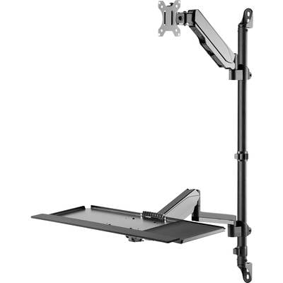 Een ergonomische monitorsteun met geïntegreerd toetsenbordplateau voor flexibele beeldschermpositonering en een comfortabele werkhouding.