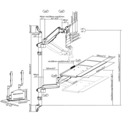 Technische tekening van een verstelbare monitorarm met afmetingen in millimeters en inches. Toont gedetailleerde afmetingen en bewegingshoeken.