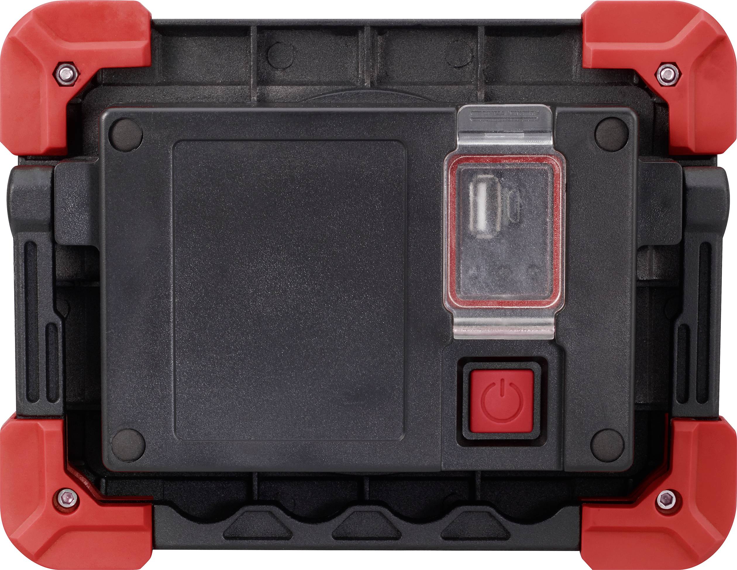 Draagbare werklamp met robuuste behuizing, rode stootbeschermingen op de hoeken en een duidelijk zichtbare aan-uitschakelaar aan de voorkant.