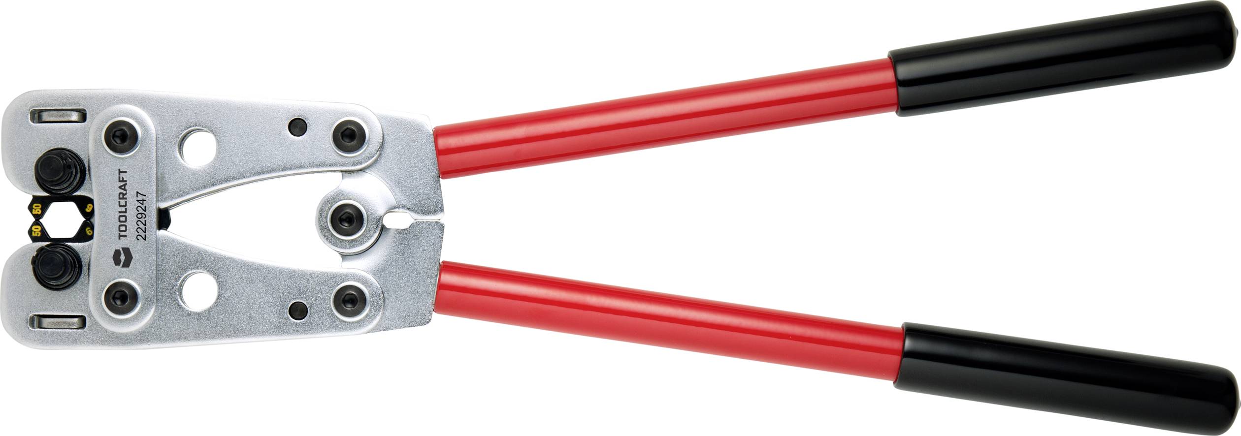 Handkrimptang met twee lange rode handgrepen en een metalen bekken aan de voorkant, gebruikt voor het verbinden van kabels en connectors.
