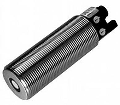 Cilindrische metalen cilinder, mogelijk een sensor of technisch onderdeel, toont schroefdraad en aansluitcontacten.