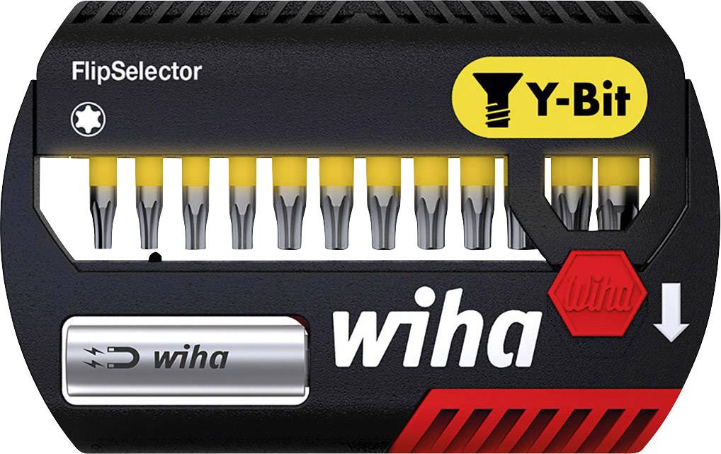Klein, compact setje Wiha-schroeverbits in een zwart etui met geel 'Y-Bit'-label en rode schuifregelaar.