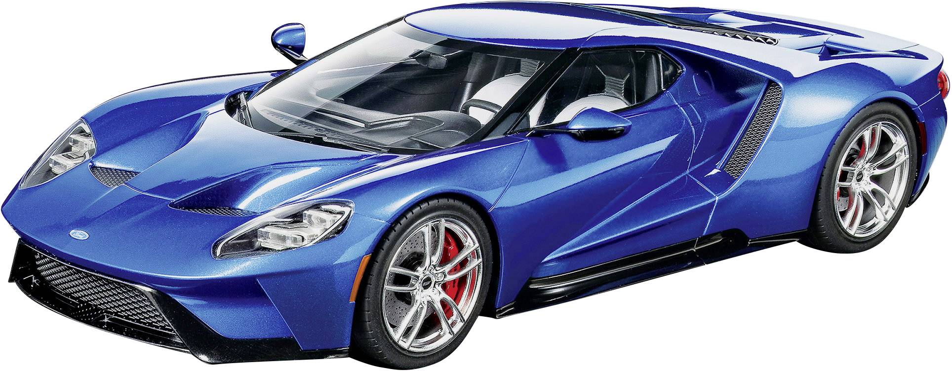 Blauwe sportwagen met aerodynamisch design, verlaagd onderstel en rode remklauwen. Opvallend voertuig dat snelheid ademt.