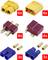 Verschillende elektrische aansluitstekkers: 6 gele XT60, 4 rode T-stekkers, 3 blauwe EC5; telkens met bijpassende tegenhanger.