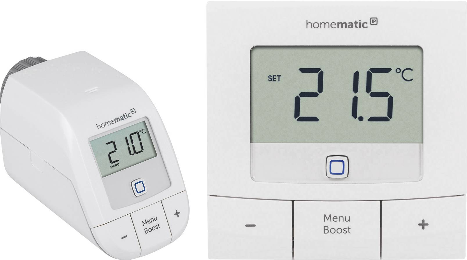 Twee verwarmingsradiatorthermostaten van 'homematic'. Links toont 21°C, rechts 21,5°C. Beide met display en bedieningsknoppen eronder.