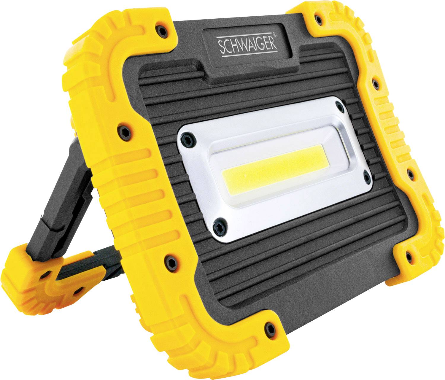 Draagbare LED-werklamp met gele rubberen beschermhoeken en standaard, geschikt voor bouwplaatsen of buitenactiviteiten.