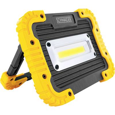 Draagbare LED-werklamp met gele rubberen beschermhoeken en standaard, geschikt voor bouwplaatsen of buitenactiviteiten.