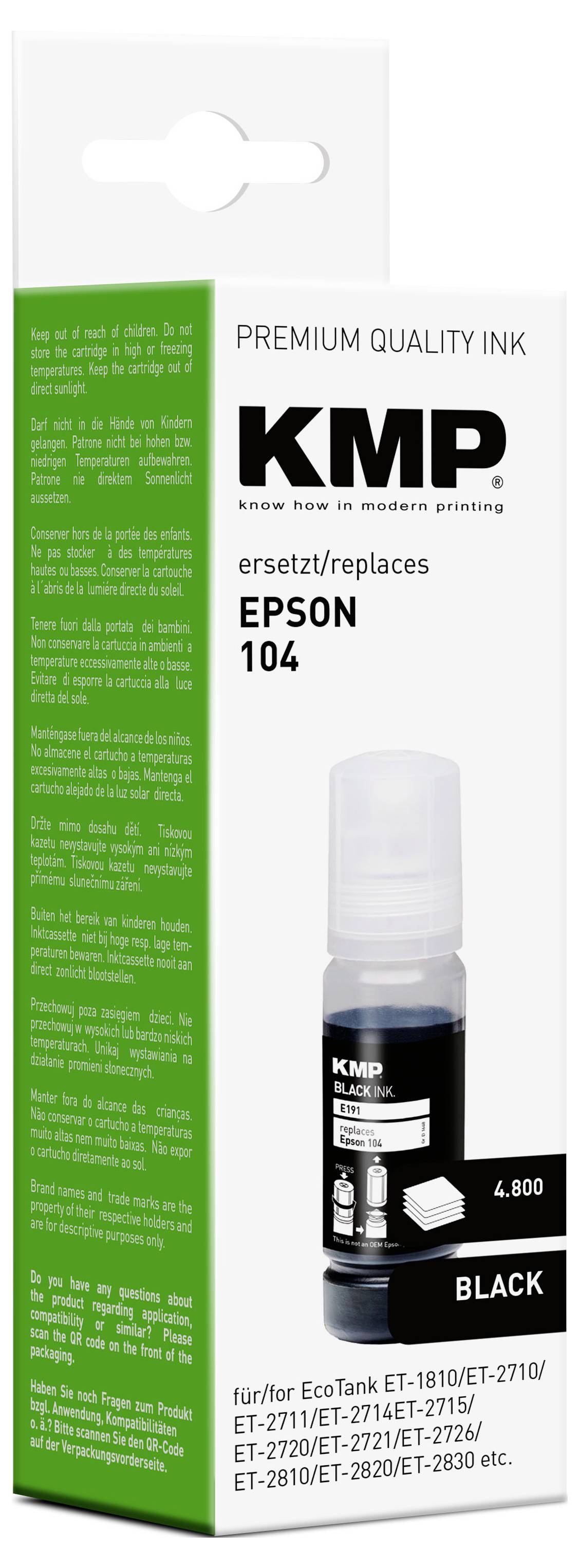 'KMP Premium Kwaliteits Inkt, vervangt Epson 104, zwart, voor EcoTank modellen ET-1810/ET-2710/ET-2711/ET-2720/ET-2820, 4.500 pagina's opbrengst.'