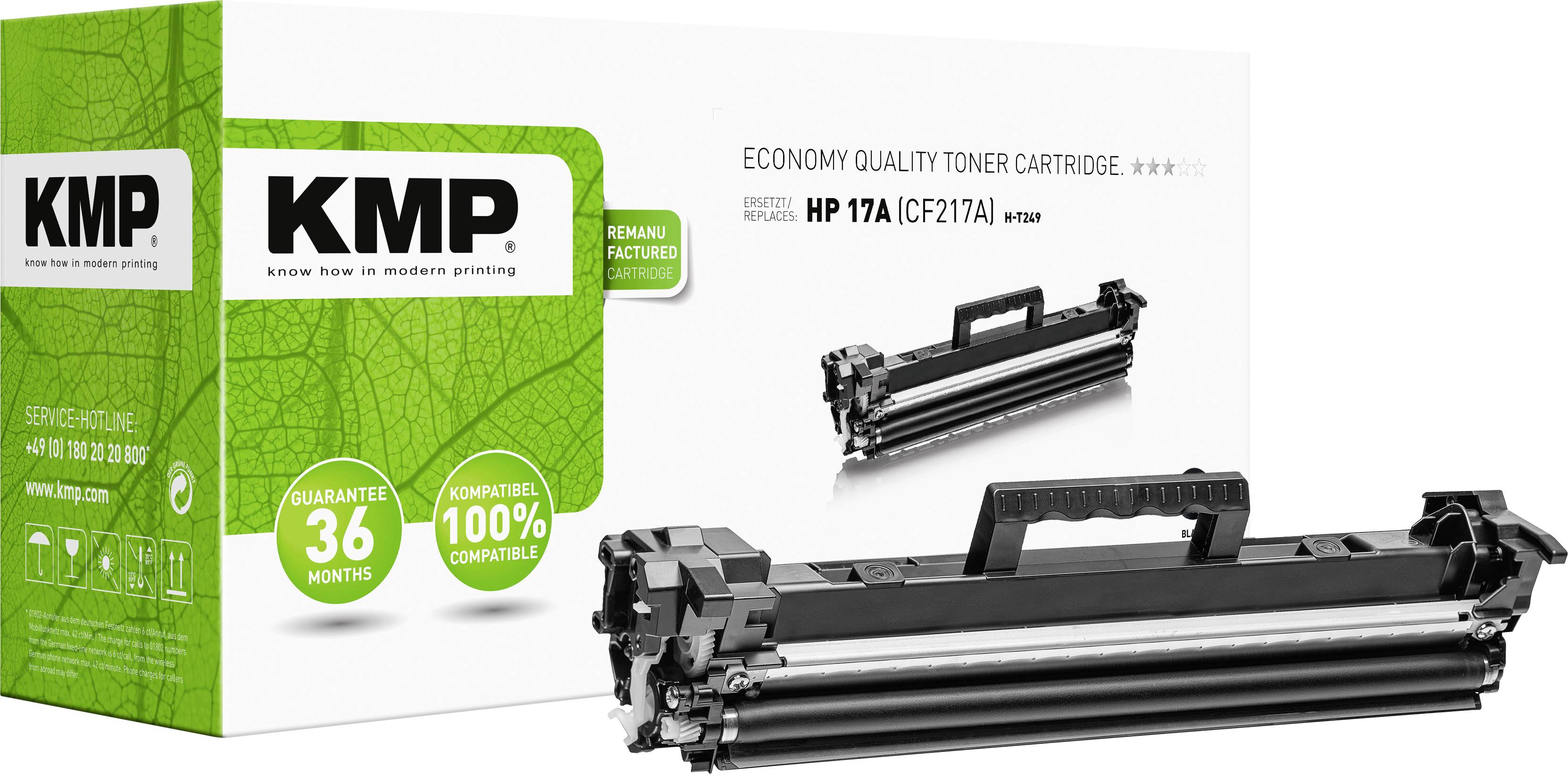 KMP tonercartridge, model HP 17A, op verpakking tegen witte achtergrond. Tekst op verpakking benadrukt garantie en 100% compatibiliteit.