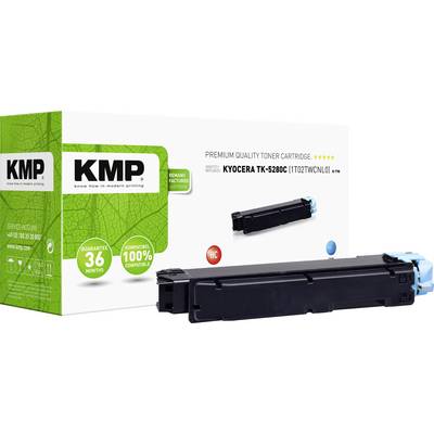 KMP Tonercartridge voor KYOCERA TK-5280C printer, 100% compatibel, met 36 maanden garantie. Verpakking toont cartridge en groene grafiek.