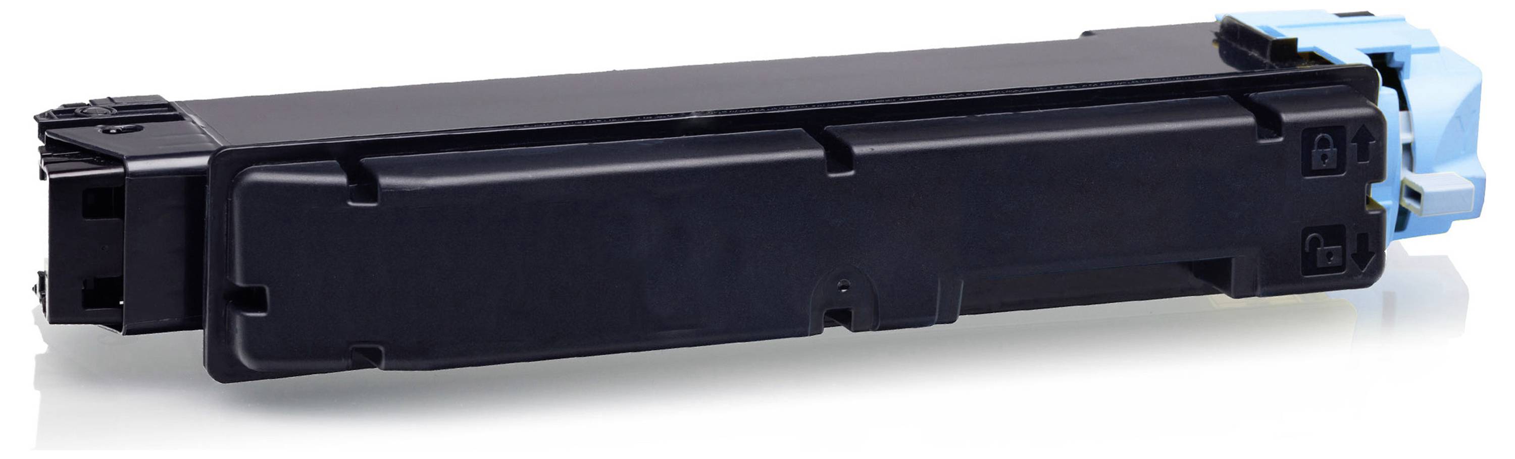 Zwarte tonercartridge met een blauwe eindkap, geïsoleerd op een witte achtergrond weergegeven.