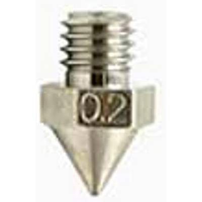 Metalen nozzle-opzetstuk met schroefdraad en gravure '0.2', vermoedelijk voor 3D-printer of vergelijkbaar apparaat.