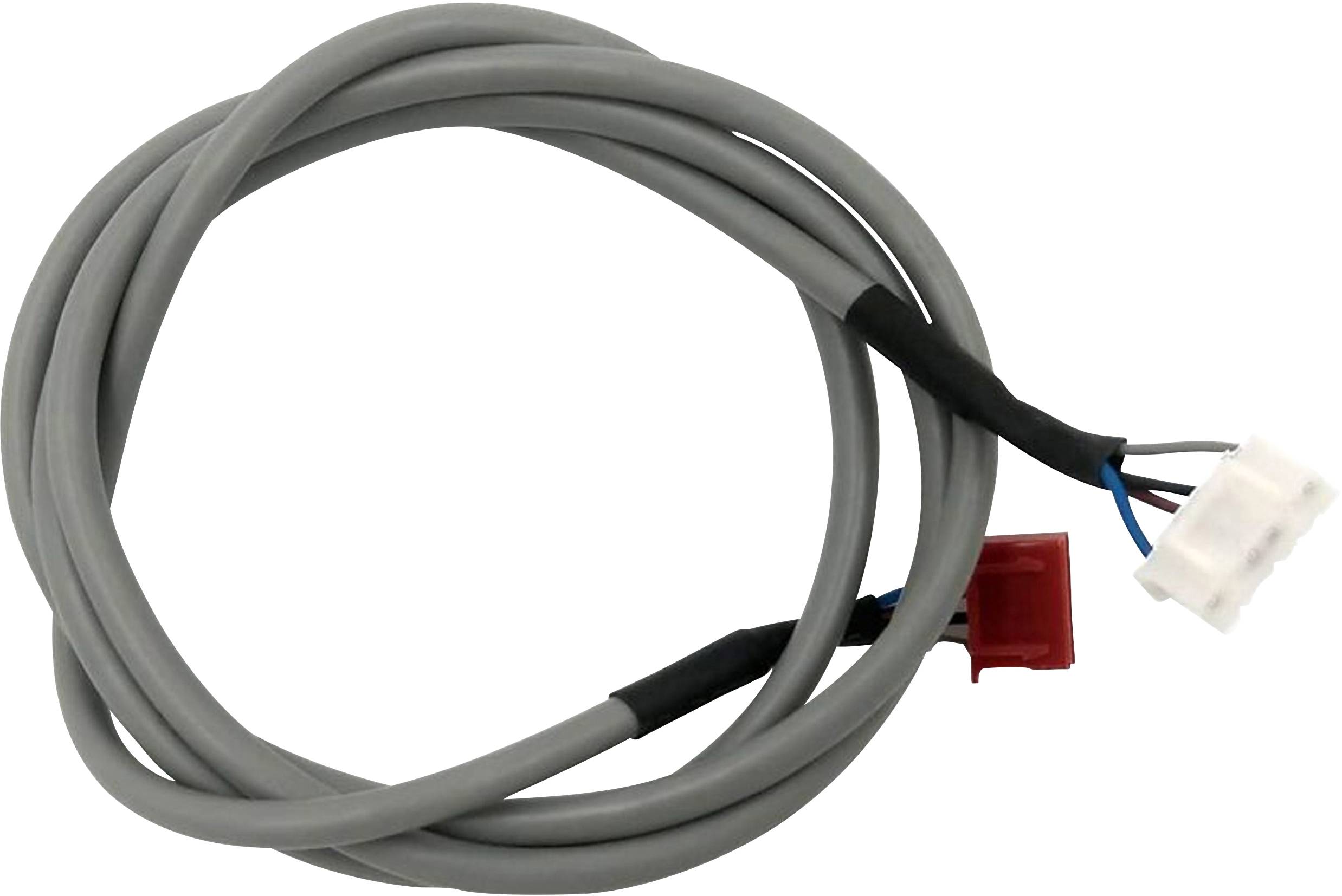 Grijs, rond gewikkeld kabel met rode en witte aansluitingen aan de uiteinden. Wordt vaak gebruikt in elektrotechnische installaties.