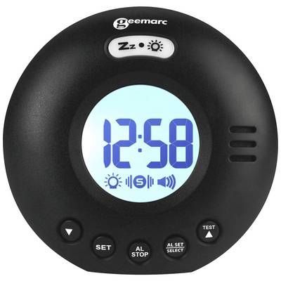 Zwarte digitale wekker met blauw verlichte display toont '12:58'. Bevat knoppen voor instellingen, alarm en lichtregeling.
