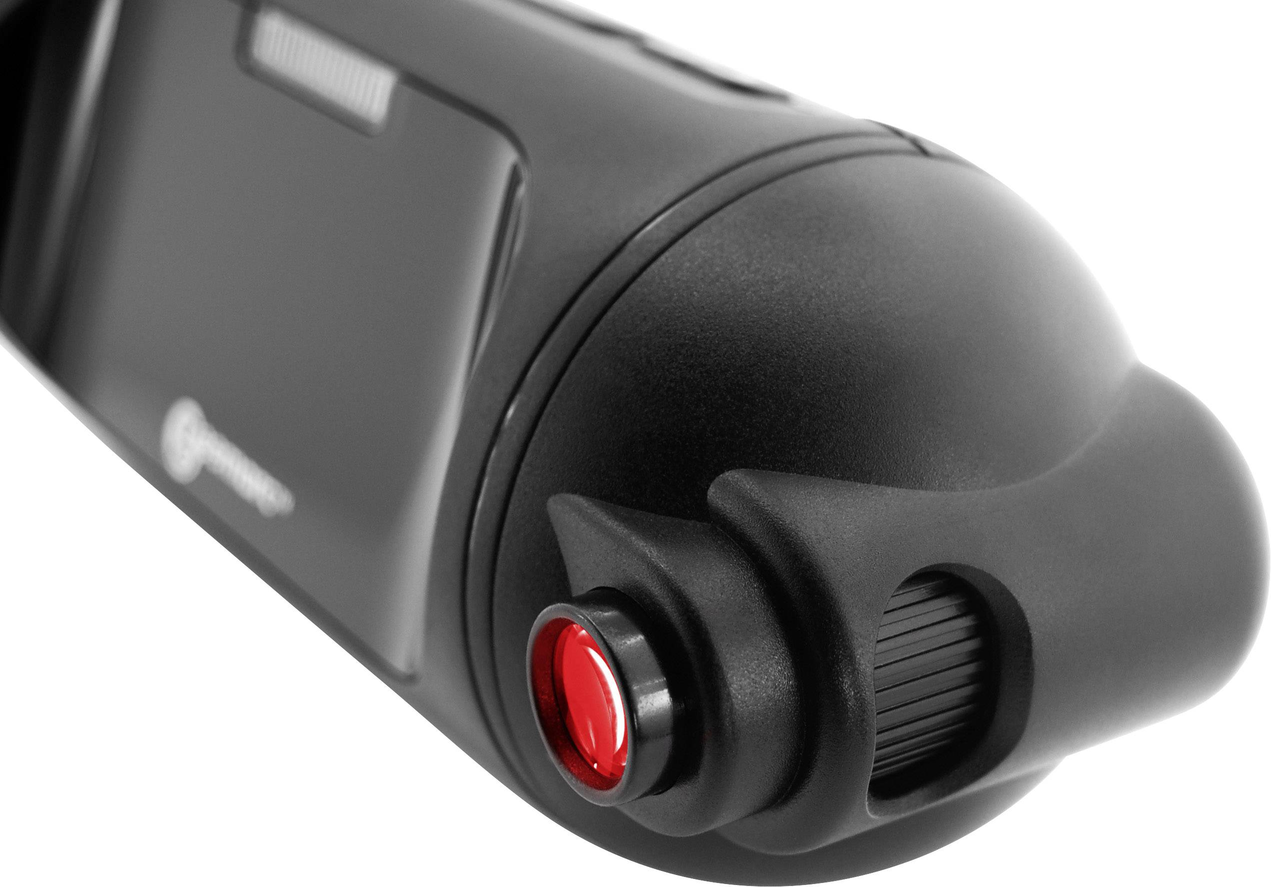 Een zwart apparaat met een rode knop aan de zijkant, waarschijnlijk een elektronisch accessoire of bedieningseenheid.