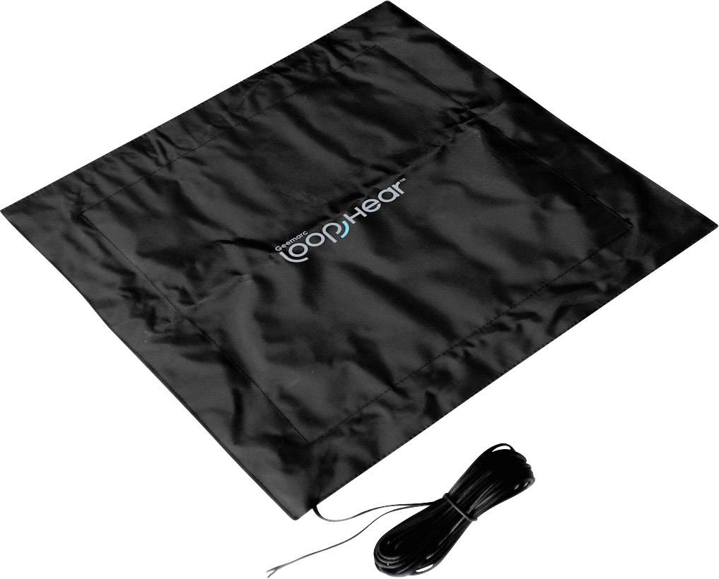 Zwarte vierkante mat met kabel, bevat het logo 'loopHEAR'. Apparaat ter ondersteuning van hoortoestellen door middel van inductielussen.