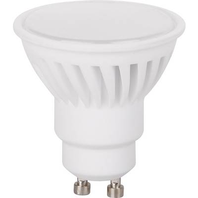 Een witte GU10-ledlamp met geribbeld design, geschikt voor energiezuinige verlichtingsdoeleinden.