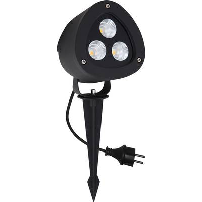 Zwarte LED-schijnwerper met drie lichtbronnen, puntige grondpen voor bevestiging in de grond en stroomstekker.