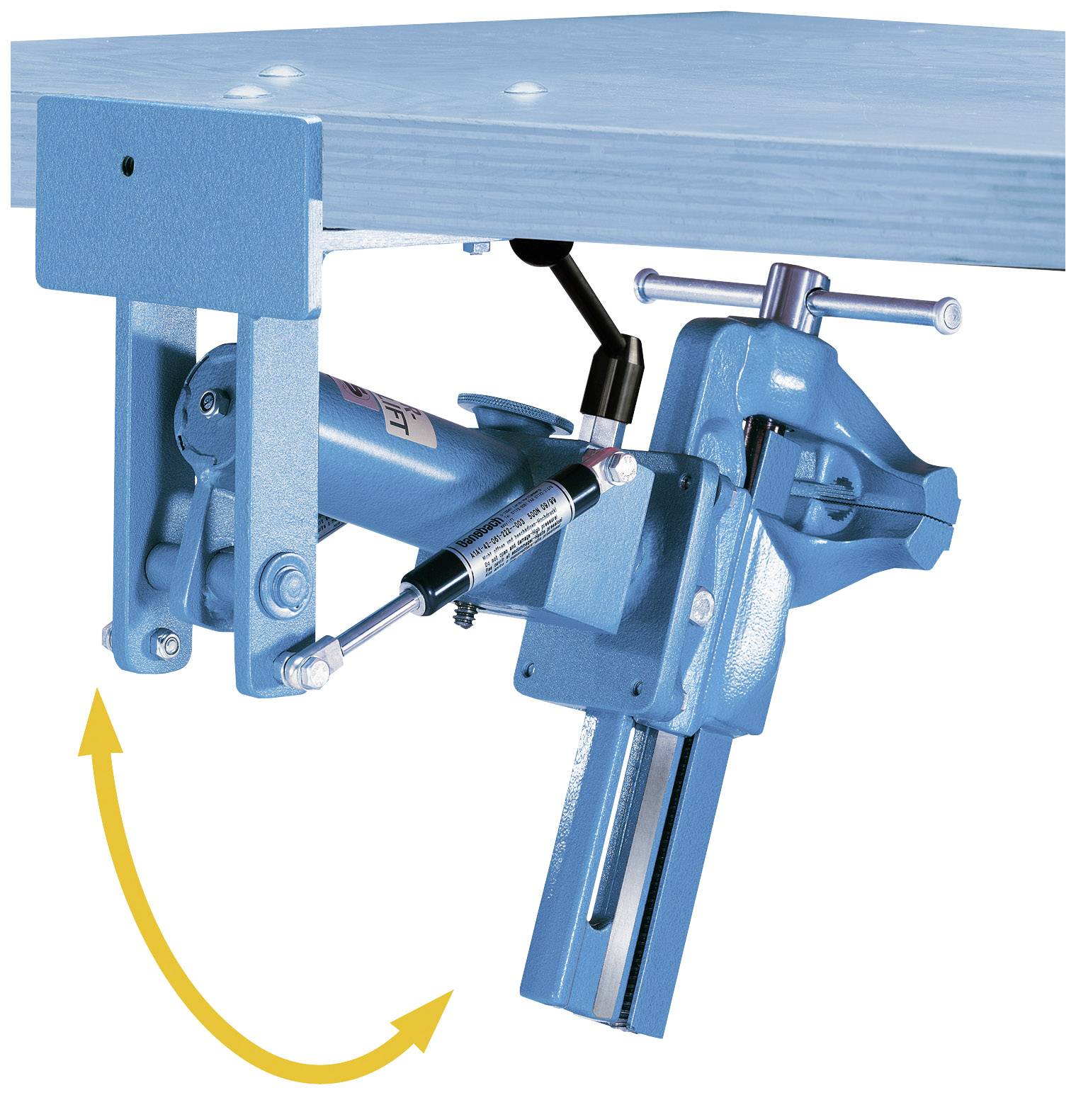 Mechanische inrichting voor hoogteregeling van een blauwe werktafel met hydraulische cilinder en schroefklem voor fixatie.