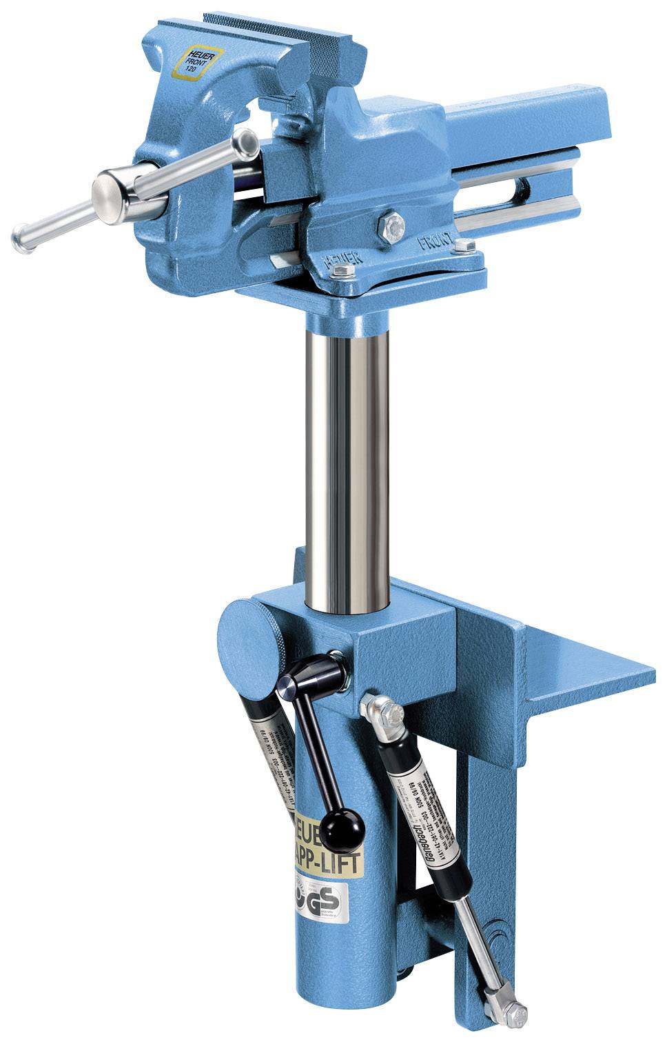 Een blauwe bankschroef op een hoogte verstelbaar frame, gemonteerd aan een rand.