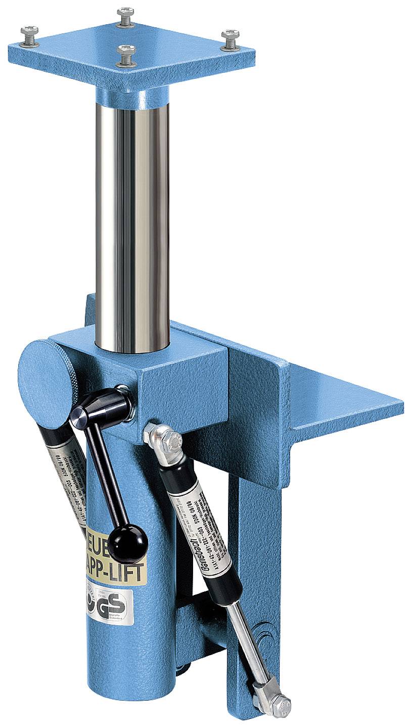 Een blauwe, mechanische hefinstallatie met een hefboom en twee hydraulische cilinders, ontworpen voor het positioneren en ondersteunen van zware lasten.