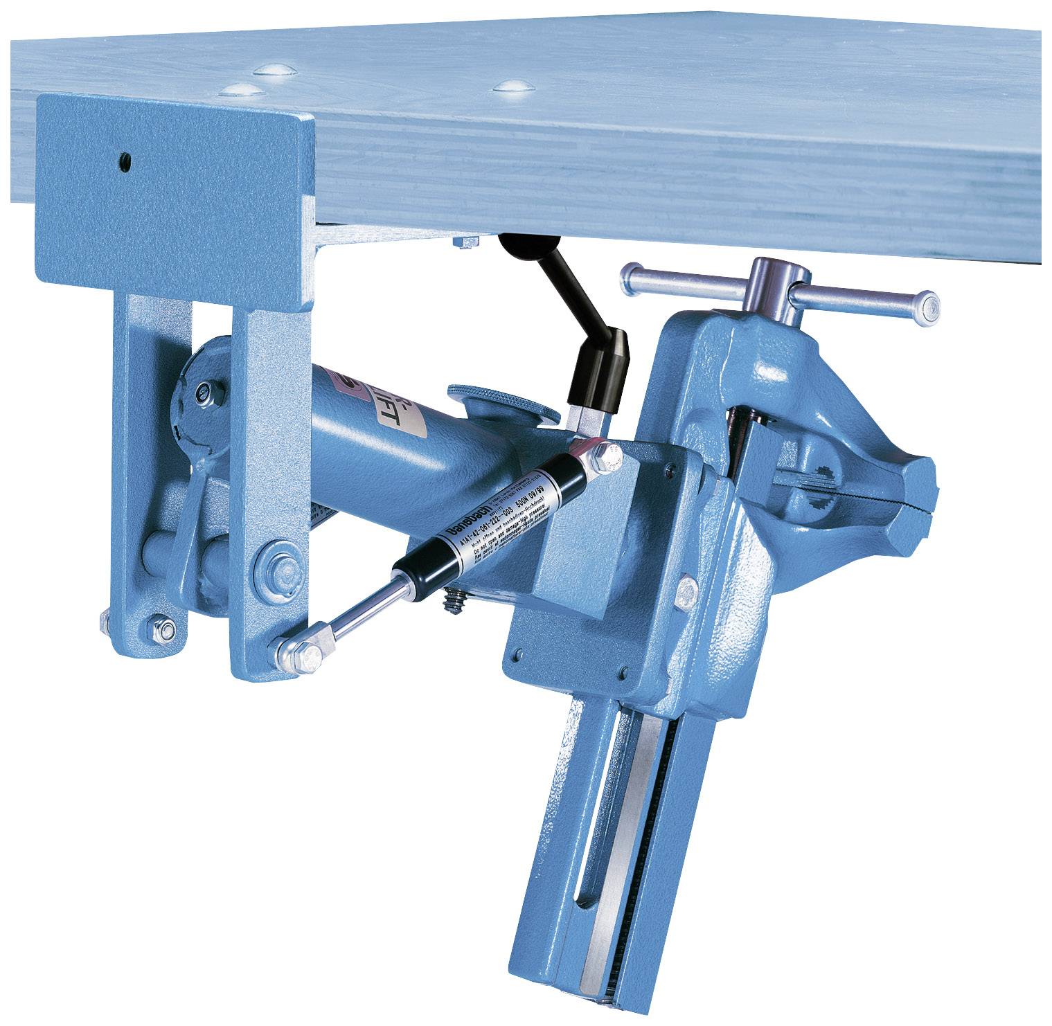 'Een blauwe bankschroef bevestigd aan een werkbank, voorzien van een hydraulische hefboom voor stabilisatie en positionering.'