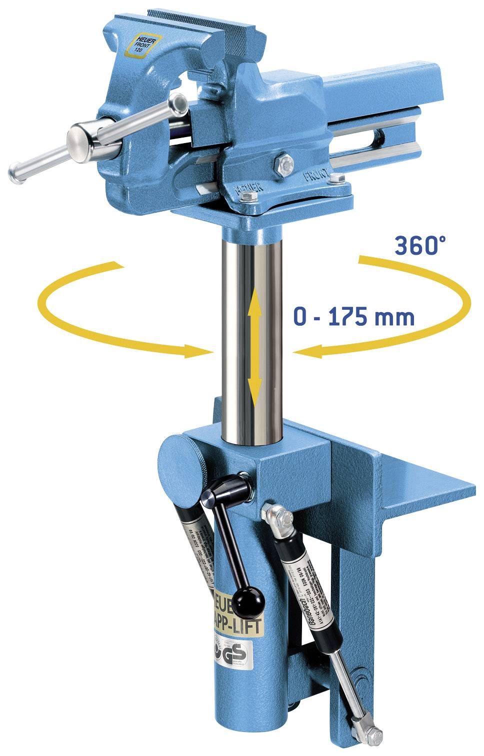 Een blauwe bankschroef die 360 graden draaibaar is en een hoogteinstelling mogelijk maakt van 0 tot 175 mm.