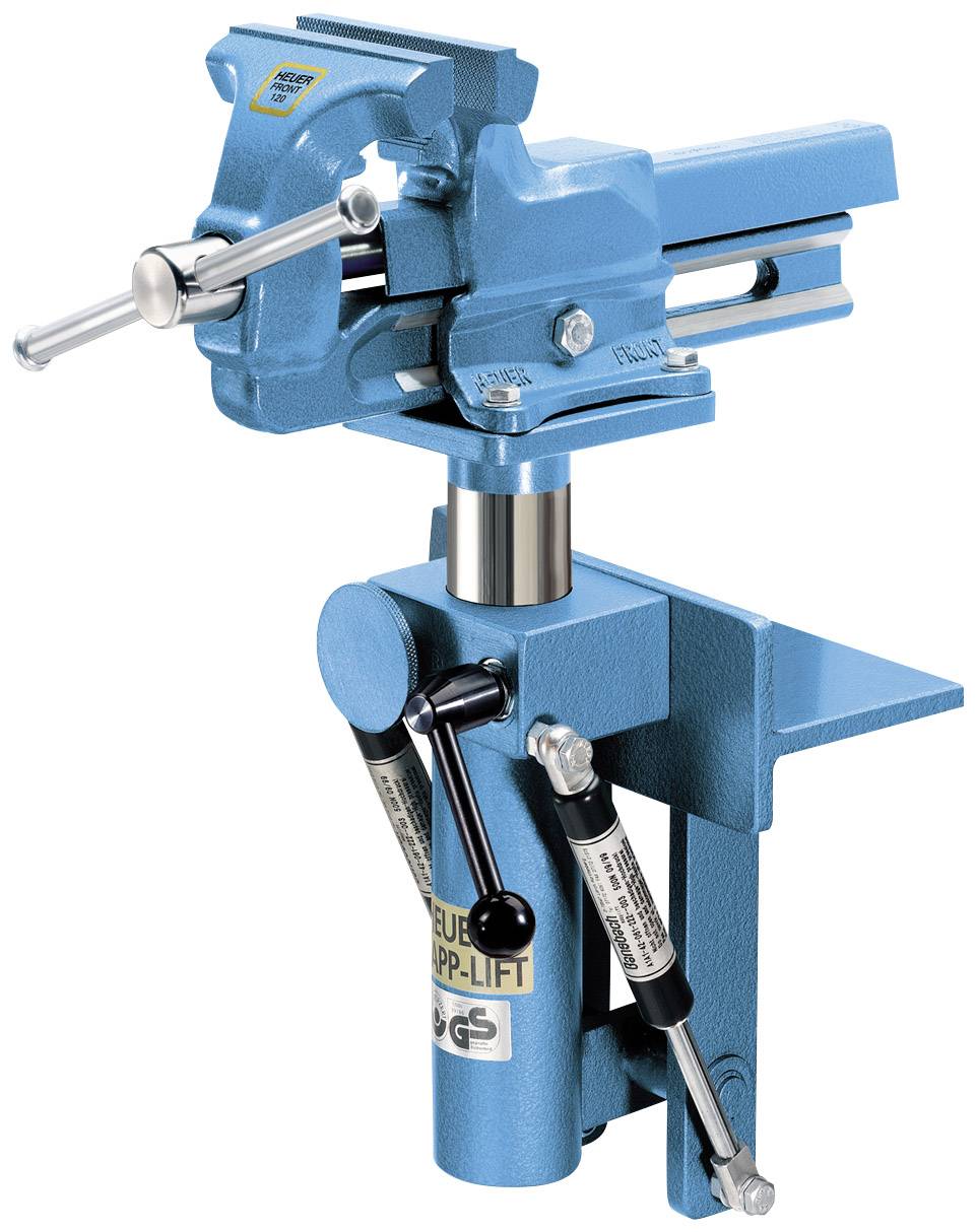 Een blauwe bankschroef met hydraulische hefinrichting, gemonteerd op een werktafel. Ideaal voor het veilig vastklemmen van werkstukken.