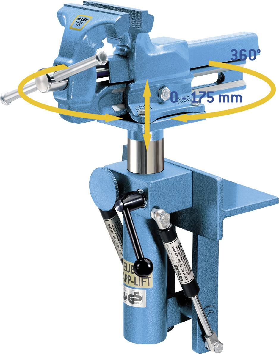 Een blauwe bankschroef toont roterende en zwenkbare functionaliteit met de aanduidingen '360°' en '0-175 mm'. Hij is gemonteerd op een hefmechanisme.