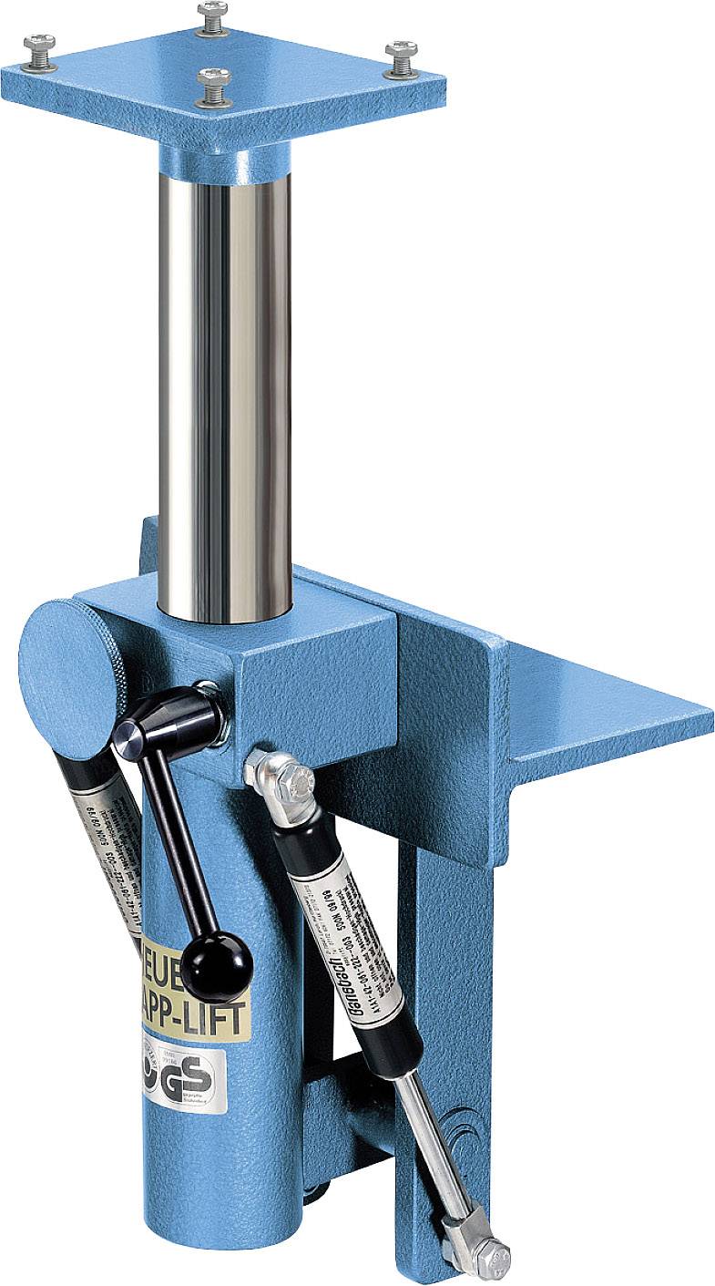 Hydraulische machine-heftruck met blauwe lakafwerking, hefarm en robuuste cilinder voor veilig laden en hijswerkzaamheden.