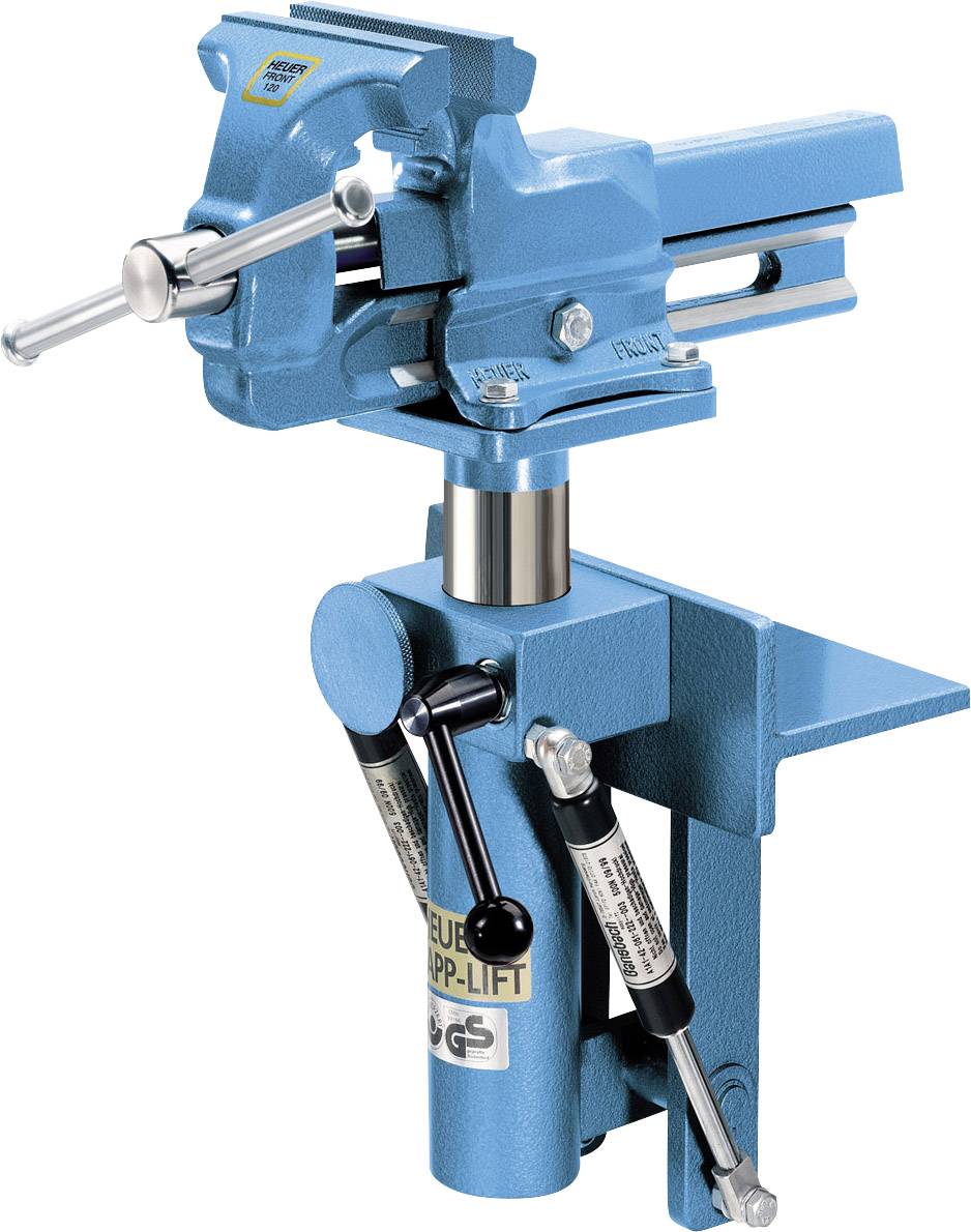 Een blauwe bankschroef met hefboomconstructie voor hoogteregeling. Gebruikt in een industriële omgeving, gemonteerd op een werktafel.
