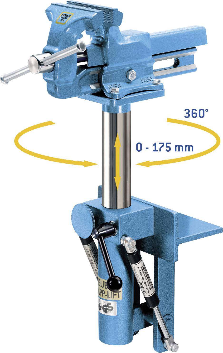 Blauwe bankschroef met verstelbare 360°-draaiing en hoogteregeling van 0 tot 175 mm, gemonteerd op een werkplaatsstandaard.