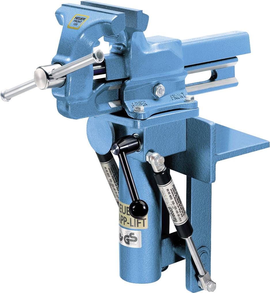 Metalen bankschroef in stralend blauw gemonteerd op een werkbank, met hefboomachtige handgrepen en versterkte spindel voor een stabiele grip.