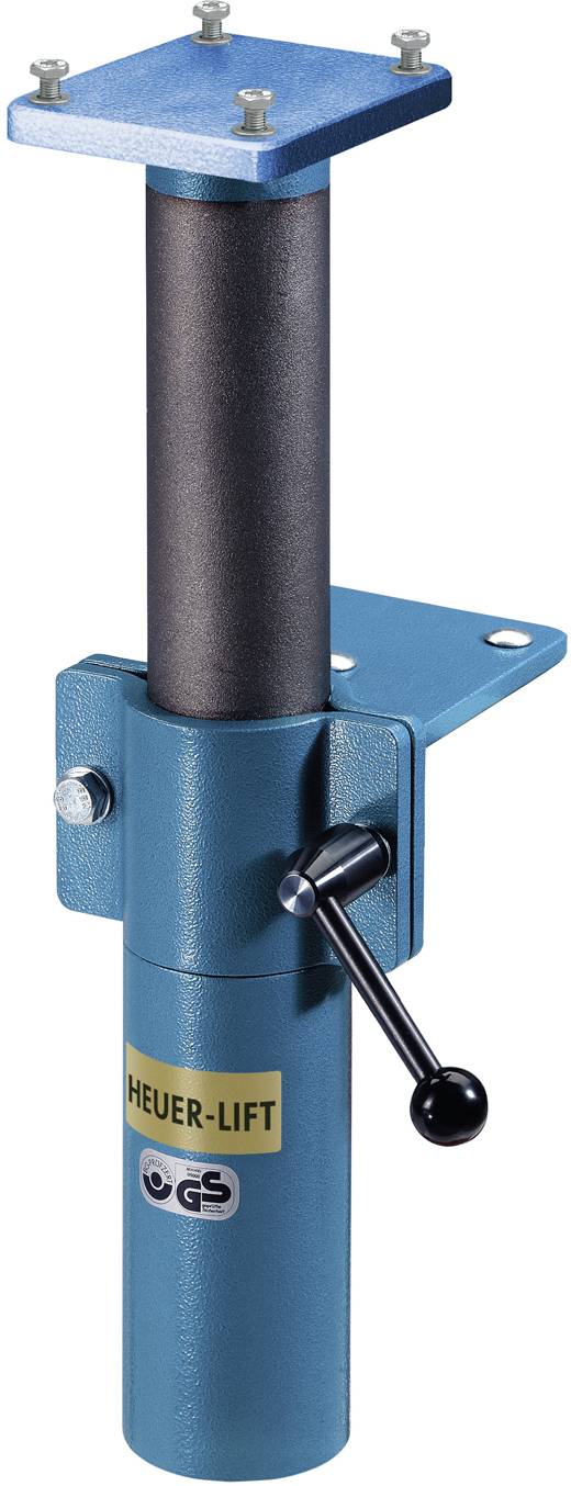 Hijsinrichting met handgreep, blauw, met de opdruk 'Heuer-Lift'. Gebruikt voor het optillen en neerlaten van zware werkstukken in werkplaatsen.