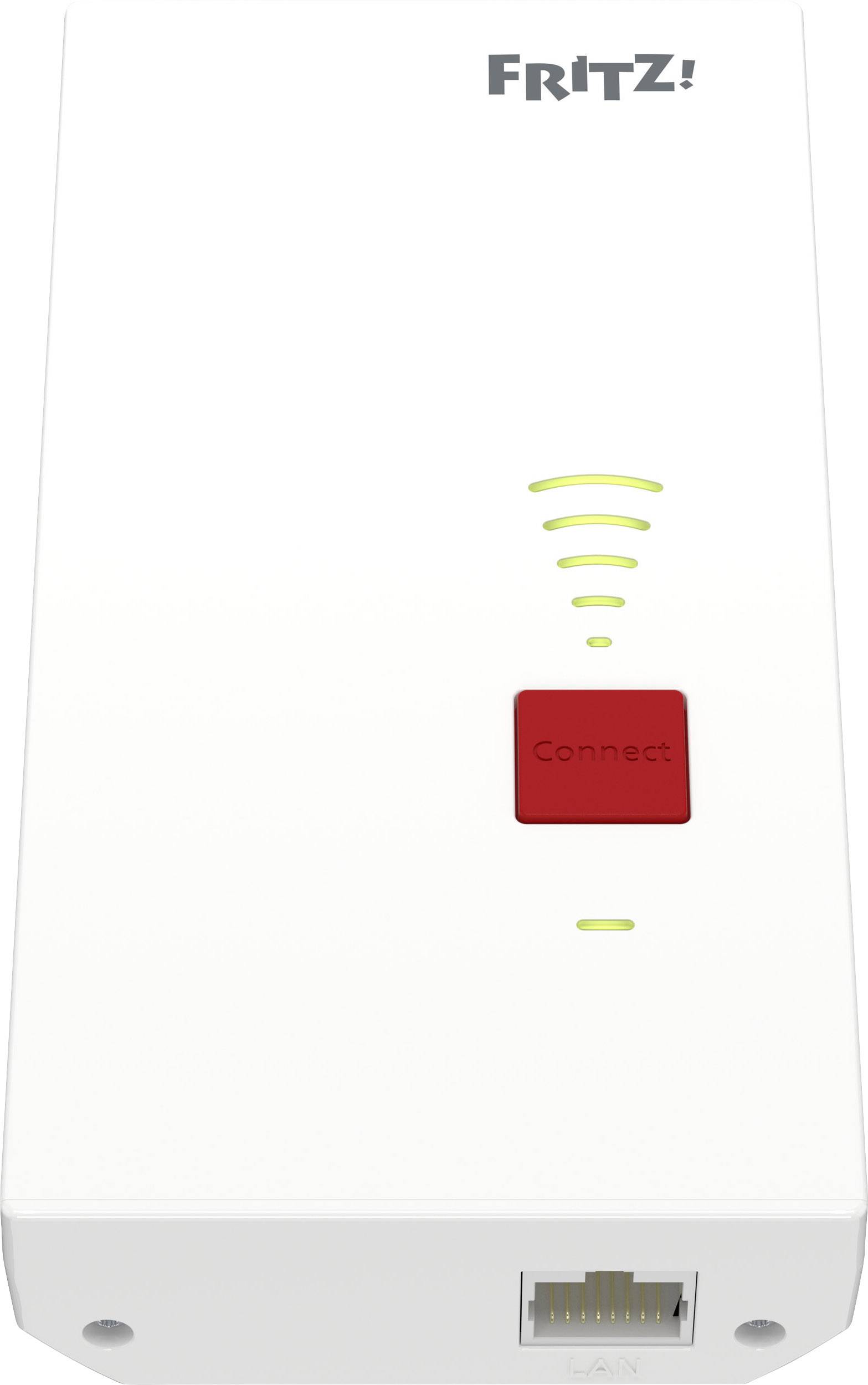 Een witte wifi-repeater met het opschrift 'FRITZ!' bovenaan, een rode 'Connect'-knop in het midden en een Ethernet-poort onderaan.